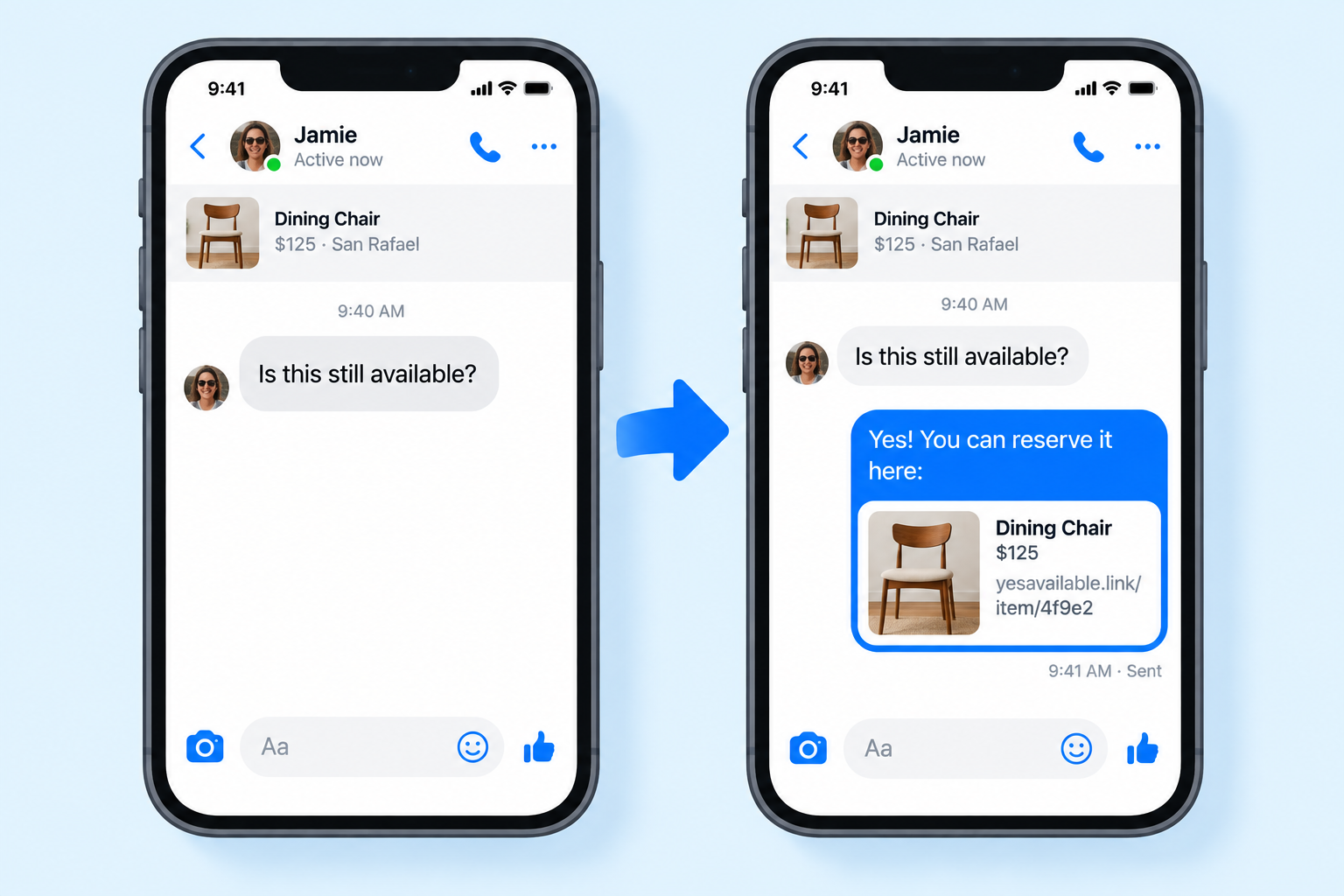 Buyer asks "Is this still available?" and the seller replies with the reserve link — the whole thread routes through Available!™ so neither phone is shared
